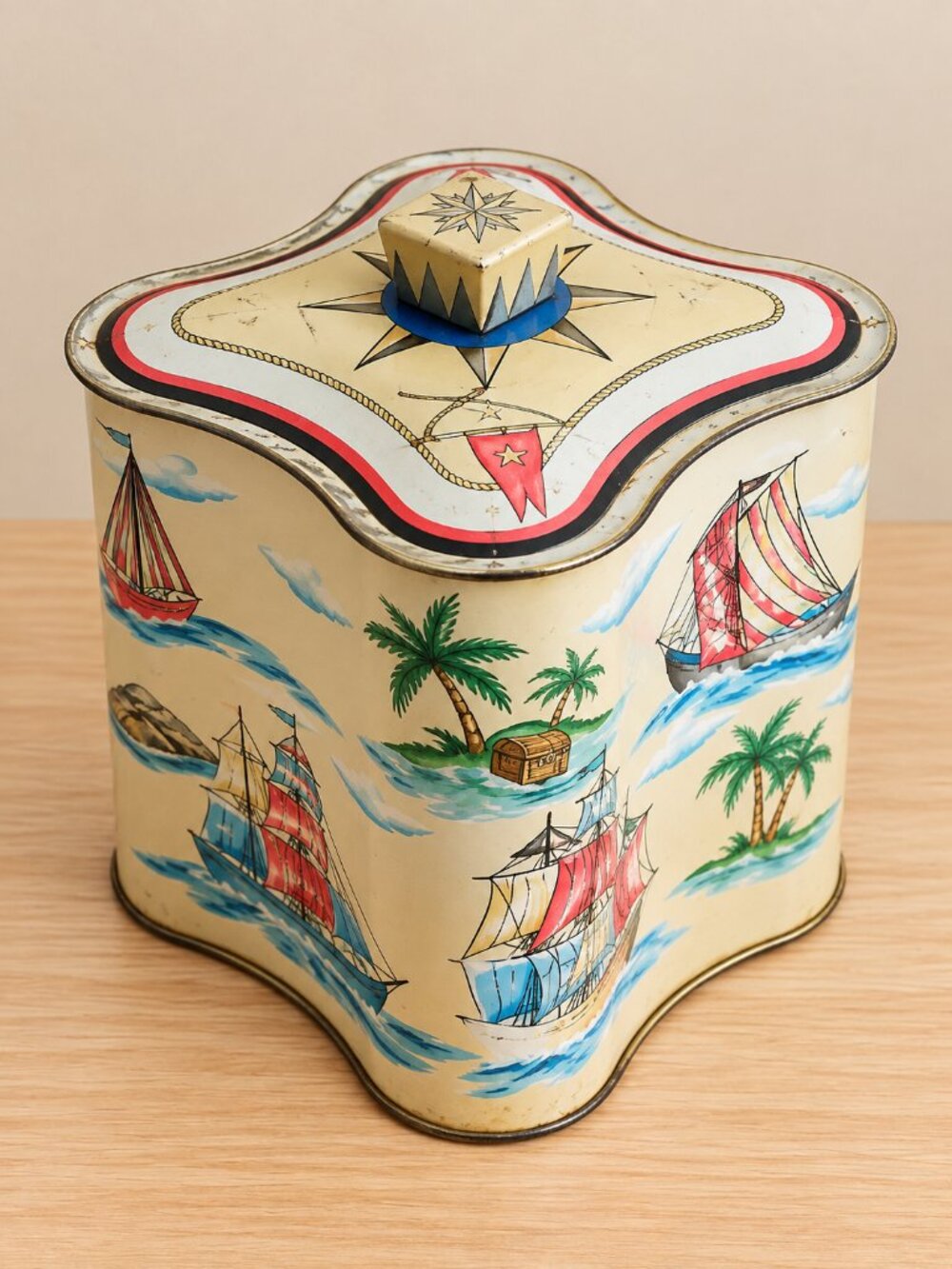 Vintage SLK Co Inc Tea Cookie Tin Nautical Ships Sailing 1960s Metal 6" Maritime